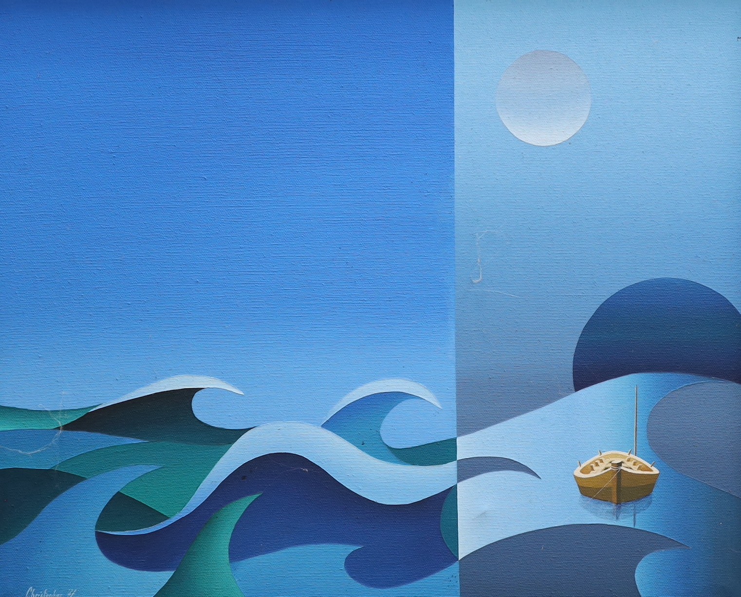 Christopher, acrylic on canvas, Stylised seascape, signed and dated '77 and inscribed verso, 41 x 50cm
